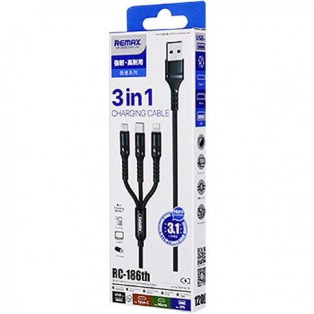 Remax RC-186TH, 3 in 1 cable, iPH + Android + Type C, 1200 mm, Black
