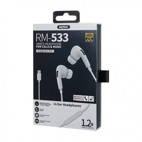 Remax RM-533 AirPlus Pro, Type C Wired Earphone, 1200 mm, White